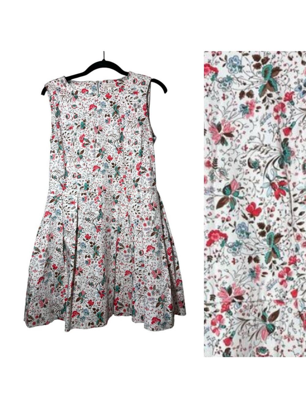 GAP Floral Fit Flare Dress White Pink 4 Pockets Sleeveless Spring Garden Cottage